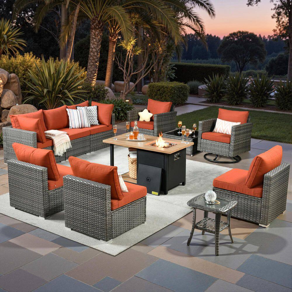Sanibel Gray 11-Piece Wicker Outdoor Patio Conversation Sofa Set with a Storage Fire Pit and Orange Red Cushions price history on PriceWatchPro