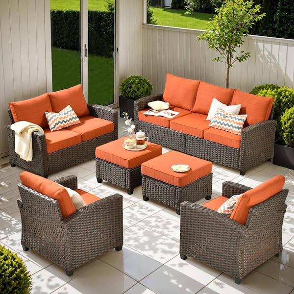Toject Palermo Brown 6-Piece Modern Wicker Modular Outdoor Patio Conversation Sofa Seating Set with Orange Red Cushions