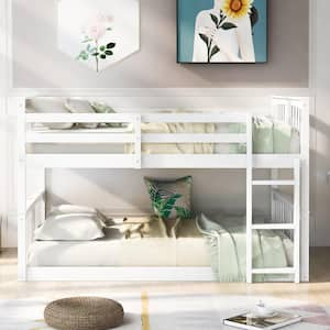 White Full Over Full Bunk Bed with Ladder, Wooden Low Bunk Bed Frame for Kids, Teens, No Box Spring Needed