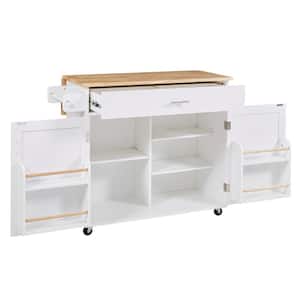 White Rubber Wood Kitchen Cart with Door Internal Rack, Drop-Leaf, Adjustable Shelves,-Drawer with Divider, 4 Wheels
