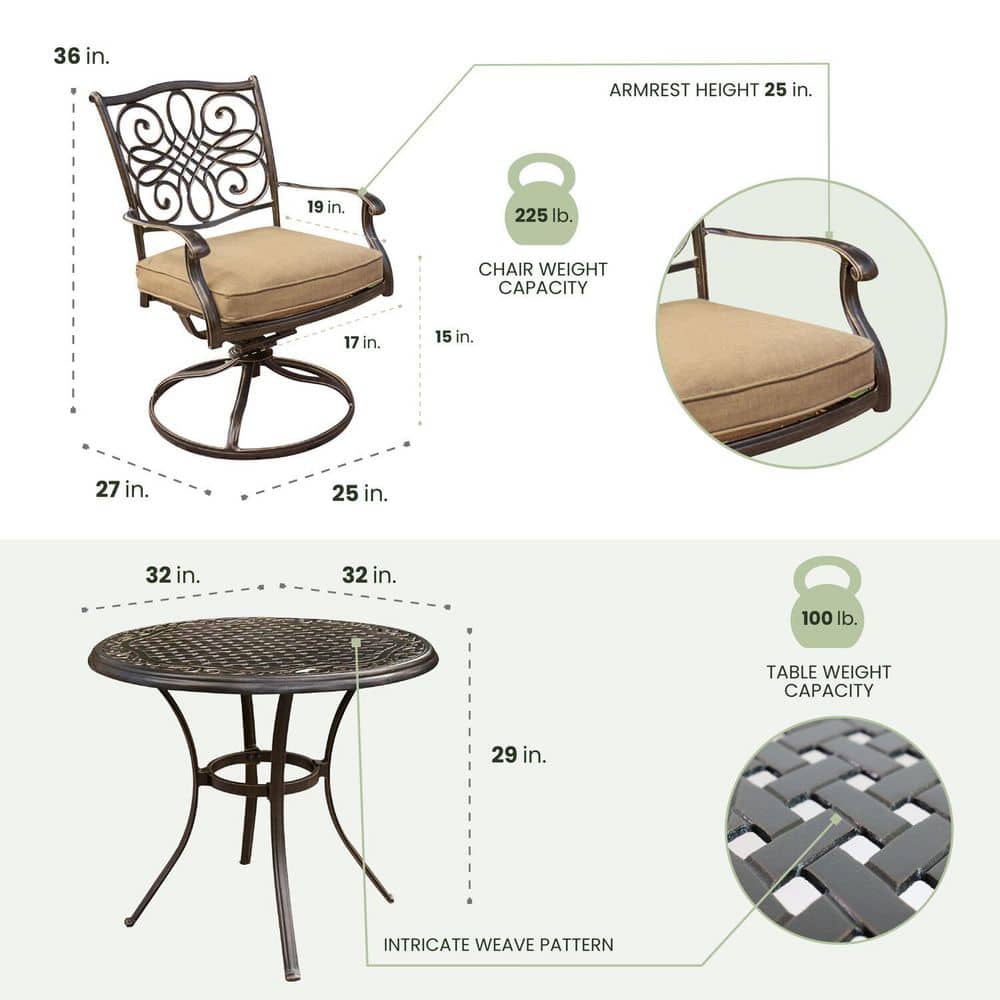 Natural Oat Aluminum 3-Piece Bistro Set with Cushions