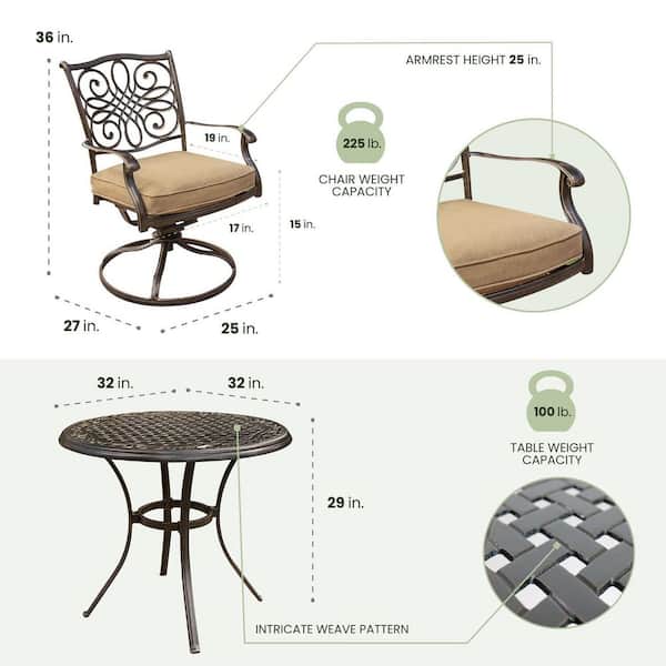 Traditions 3-Piece Patio Bistro Set with 2-Cast Aluminum Swivel Rockers with Beige Cushions and 32 in. Round Table