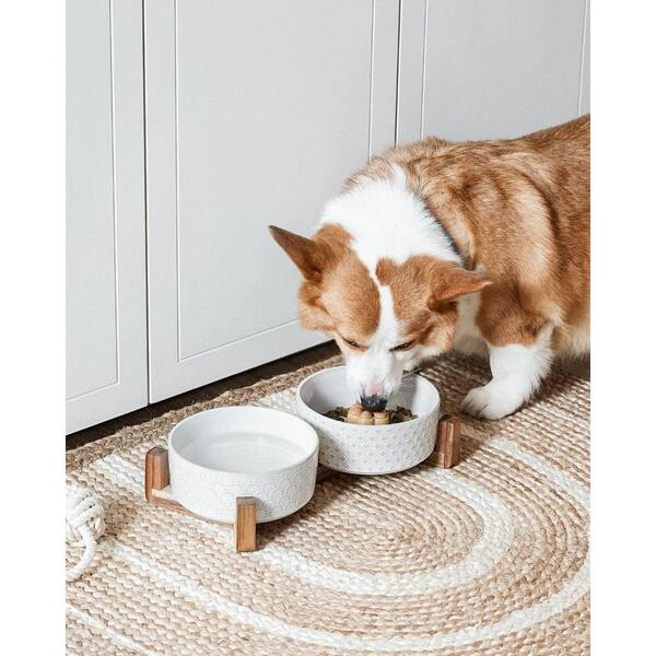 Dual Ceramic Dog Bowls with Acacia Wood Stand 1.5-Cup Capacity Non