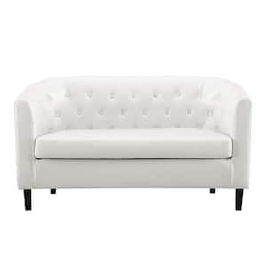 White Love Seat, Button Tufted Faux Leather Barrel Loveseat, Midcentury Modern 2-Seater Couch, Small Loveseat