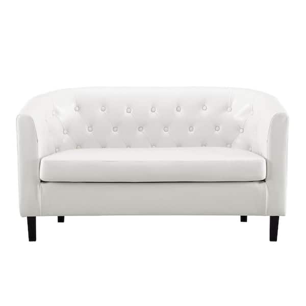 HOMESTOCK White Love Seat, Button Tufted Faux Leather Barrel Loveseat, Midcentury Modern 2-Seater Couch, Small Loveseat