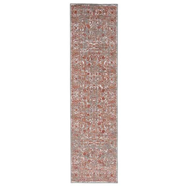 Amer Rugs Alpine 2 ft. 7 in.  x  10 ft.  Gray/Orange Bordered Pattern Runner Rug for High Traffic Entryway Kitchen Hallway