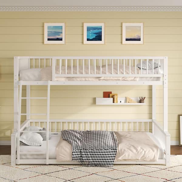 White Full XL Over Queen Bunk Bed with Ladder and Safety Guardrails