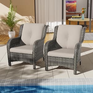 Ergonomic Arm 2-Piece Patio Wicker Outdoor Lounge Chair with Beige Cushions