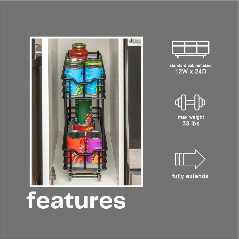 Black Steel 2-Tier Pull-Out Storage Organizer with Plastic Liners