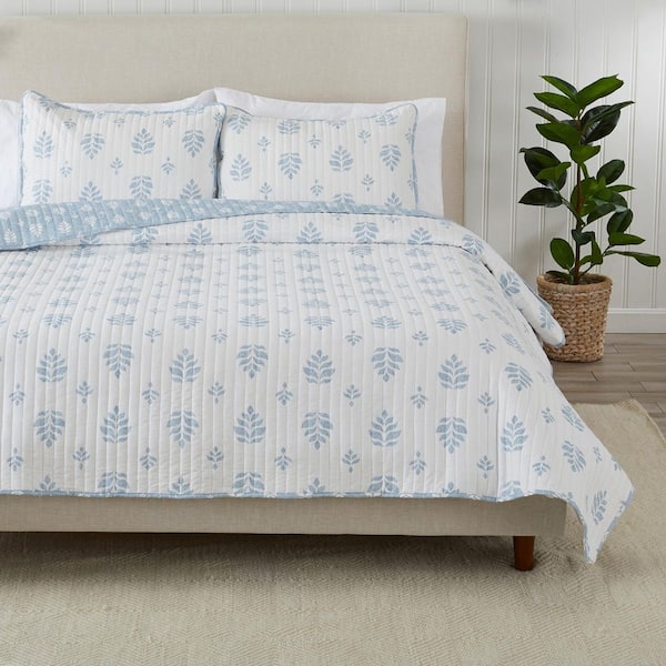 Blue French Floral Reversible Microfiber Quilt Set (2-or 3-Piece)