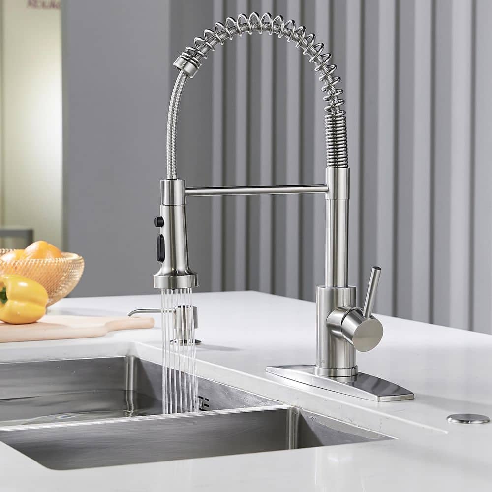 Brushed Nickel Single Handle Spring Kitchen Faucet with Pull Down Sprayer