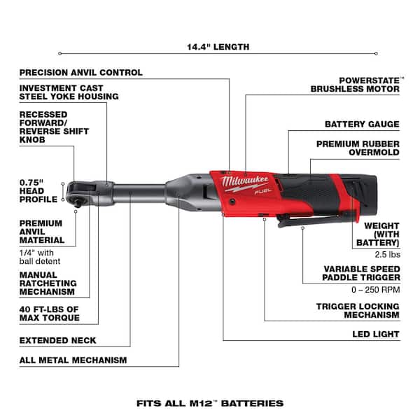 Milwaukee 2559-20 1/4" Drive Extended Reach Ratchet M12 Fuel Bare Tool Only 