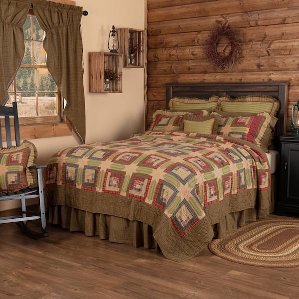 VHC BRANDS Tea Cabin Green Khaki Red Rustic Patchwork California King Cotton Quilt
