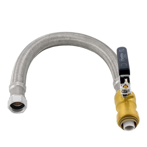 JONES STEPHENS PlumBite 1/2 in. Push On x 3/4 in. FIP x 18 in. Length Braided Stainless Steel Water Heater Connector with Ball Valve