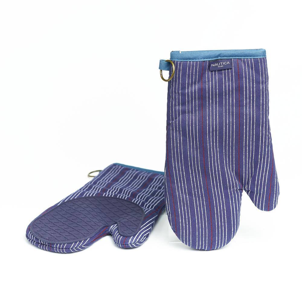 Navy Striped Cotton Oven Mitts with Silicone Palm