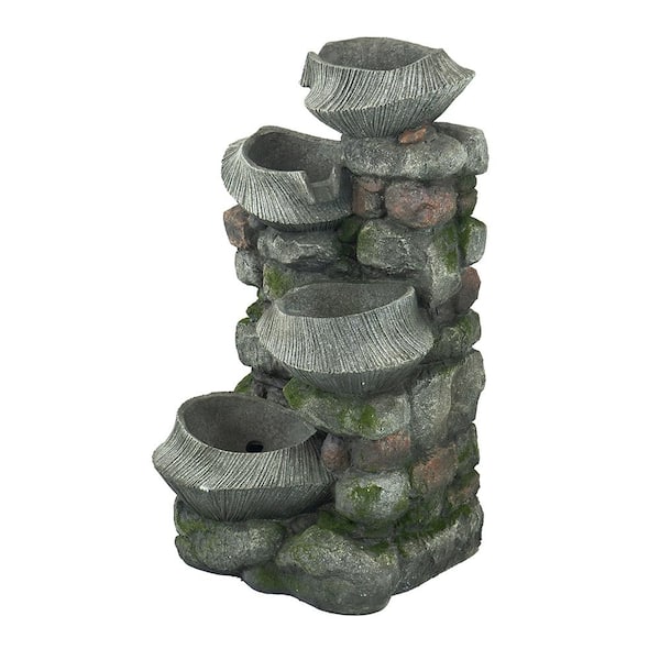 Zeus & Ruta Gray Stone-Look Water Fountain, 7-Tier Polyresin Cascading Rock Tabletop Fountain with LED Light