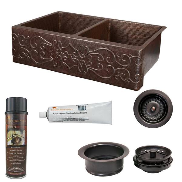 Undermount Copper 33 in. 0-Hole 50/50 Double Bowl Kitchen Sink with Scroll Design and Drain in Oil Rubbed Bronze Undermount Copper 33 in. 0-Hole 50/50 Double Bowl Kitchen Sink with Scroll Design and Drain in Oil Rubbed Bronze