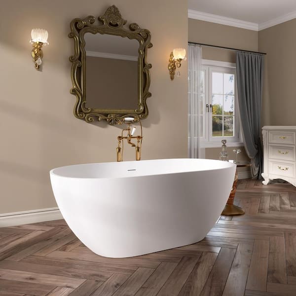 Adecab Norea 59 in. x 29 in. Solid Surface Stone Resin Flatbottom Freestanding Double Slipper Soaking Bathtub in Matte White