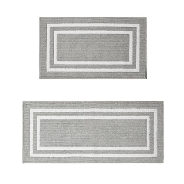 Double Line Light Gray/White 2 ft. x 5 ft. Border 2-Piece Rug Set