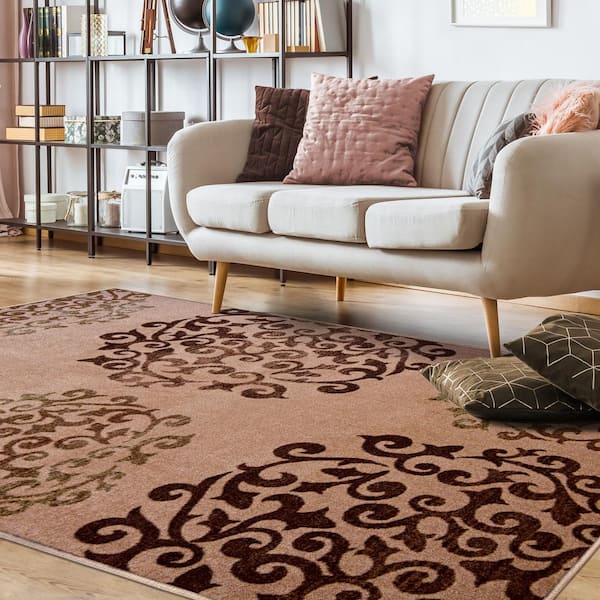 Amber Camel 4 ft. x 6 ft. Non-Slip Traditional Floral Medallion Nylon Area Rug