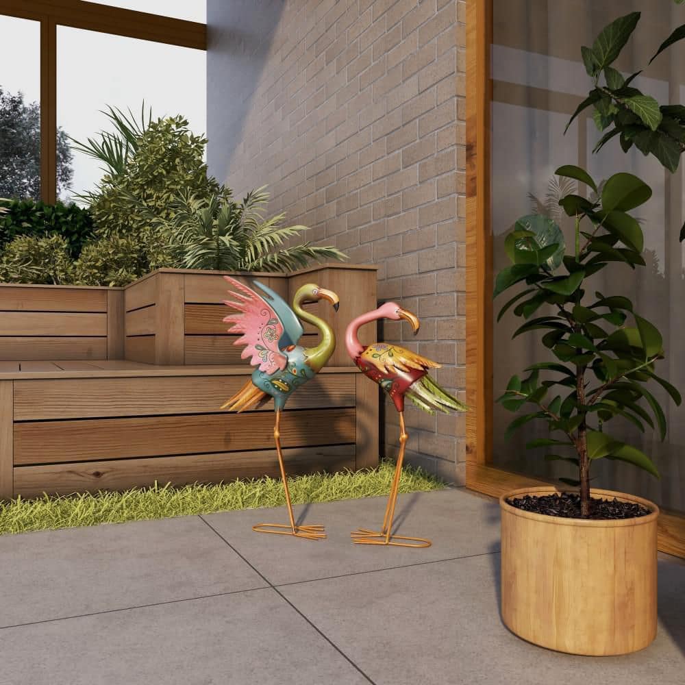 28" Multicolor Hand-Painted Metal Flamingo Garden Sculptures, Set of 2