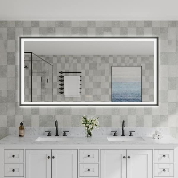 72 in. W x 36 in. H Large Rectangular Framed Dimmable Plug Back Front LED Light Bathroom Vanity Mirror in Matte Black