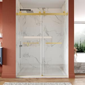 60 in. W x 76 in. H Double Sliding Frameless Shower Door in Brushed Gold with Smooth Sliding and 3/8 in. (10 mm) Glass