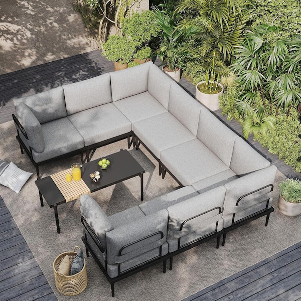 9 Piece Metal Outdoor Patio Conversation Set with Coffee Table, Grey Cushions and Grey Frame