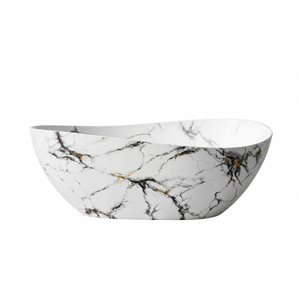 63 in. Solid Surface Oval Freestanding Soaking Bathtub with Wave Rim in Matte Calacatta Gold Marble Look