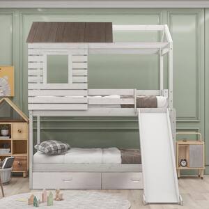 Angel White Twin Over Twin Bunk Bed with Two Storage Drawers and Slide
