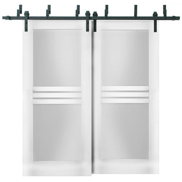 VDOMDOORS 72 in. x 84 in. 1 Panel White Finished MDF Sliding Door with Bypass Barn Hardware