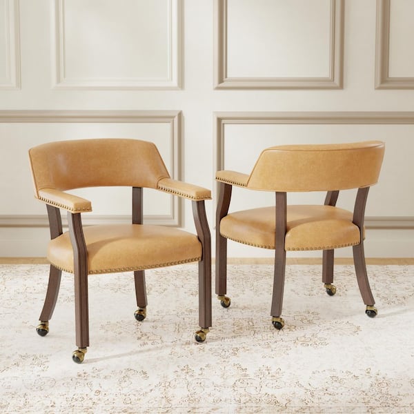 Quality Components Plus Georgio Saddle Brown Faux Leather Dining and Game Chair in Walnut Finish with Nailhead Trim