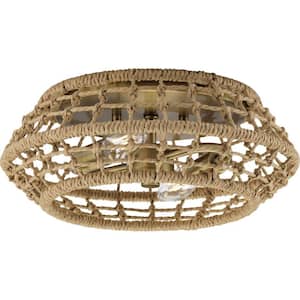 Laila Collection 12-1/4 in. 2-Light Vintage Brass Flush Mount with Woven Jute Accents