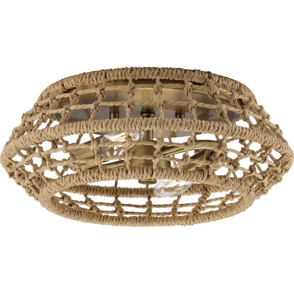 Progress Lighting Laila Collection 12-1/4 in. 2-Light Vintage Brass Flush Mount with Woven Jute Accents