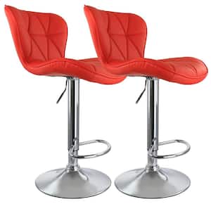 2-Piece Diamond Tufted Faux Leather Adjustable 35 in. Bar Stool in Red with Chrome Base