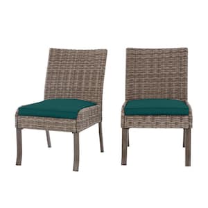 Windsor Brown Wicker Outdoor Patio Stationary Armless Dining Chair with CushionGuard Malachite Green Cushions (2-Pack)
