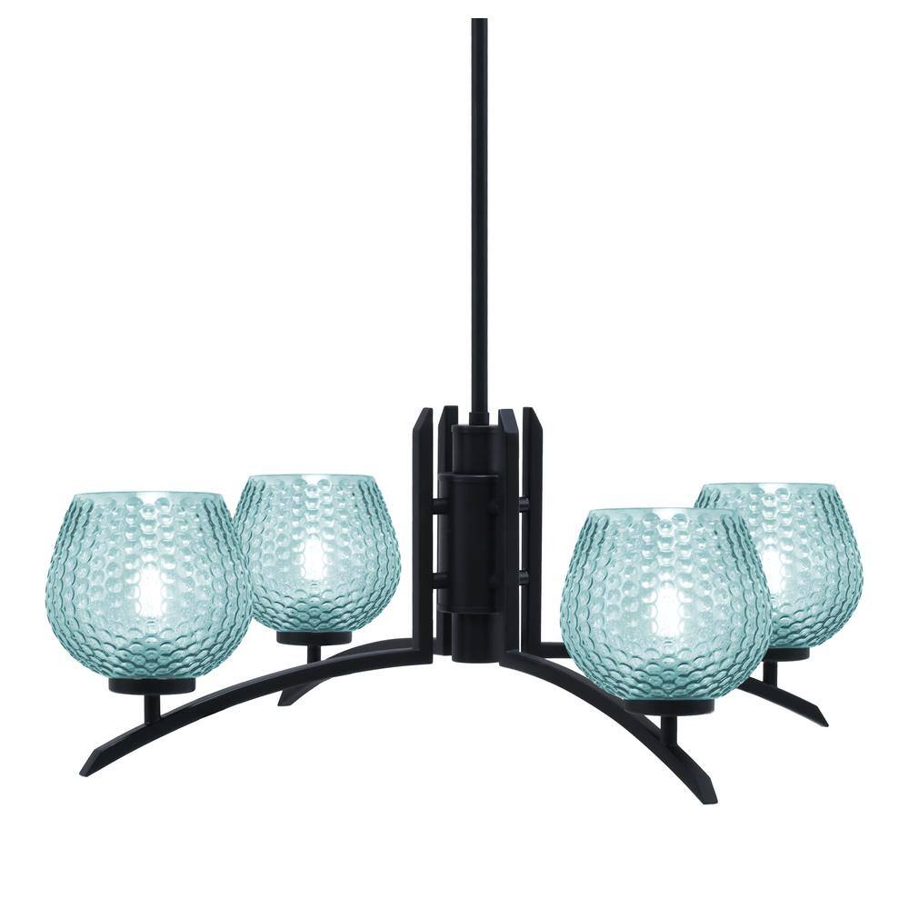 Siena 27.5 in. 4 Light Matte Black Chandelier with Turquoise Textured Glass