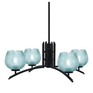 Siena 27.5 in. 4 Light Matte Black Chandelier with Turquoise Textured Glass Shades