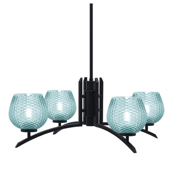 Unbranded Siena 27.5 in. 4 Light Matte Black Chandelier with Turquoise Textured Glass Shades
