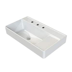 Sharp Modern White Ceramic Rectangular Wall Mounted Sink with Three Faucet Holes