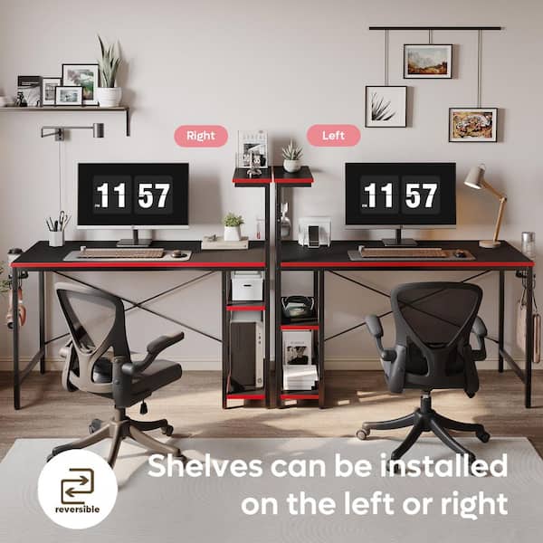 44 in. Rectangular Black and Red Carbon Fiber Computer Desk with Reversible Storage Shelves and LED Lights