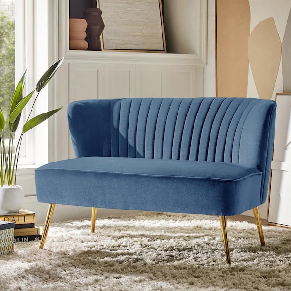 Carmita 47 in. Slate Blue Velvet Tufted 2-Seats Loveseats Sofawith Golden Base