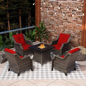 4 Seat 5-Piece Wicker Patio Set Conversation Set with Red Cushion, Fire Pit Table