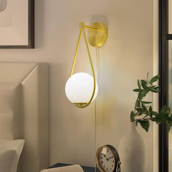 5.91 in. 1-Light Golden Wall Lamp with Globe Round Glass Shade, Brass Base Farmhouse Rustic Wall Sconces