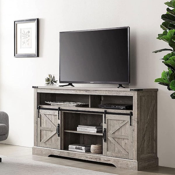 Light Rustic Oak TV Stand Living Room Hub Fits TV's up to 70 in. with Sliding Barn Doors and Adjustable Shelves