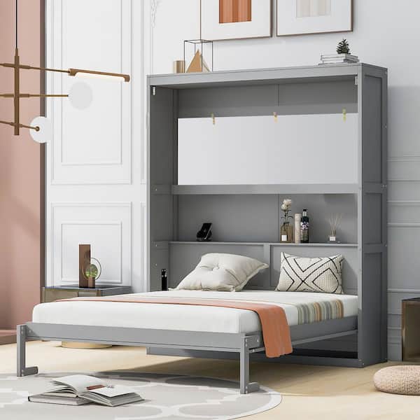 Gray Wood Frame Queen Murphy Bed with Shelves