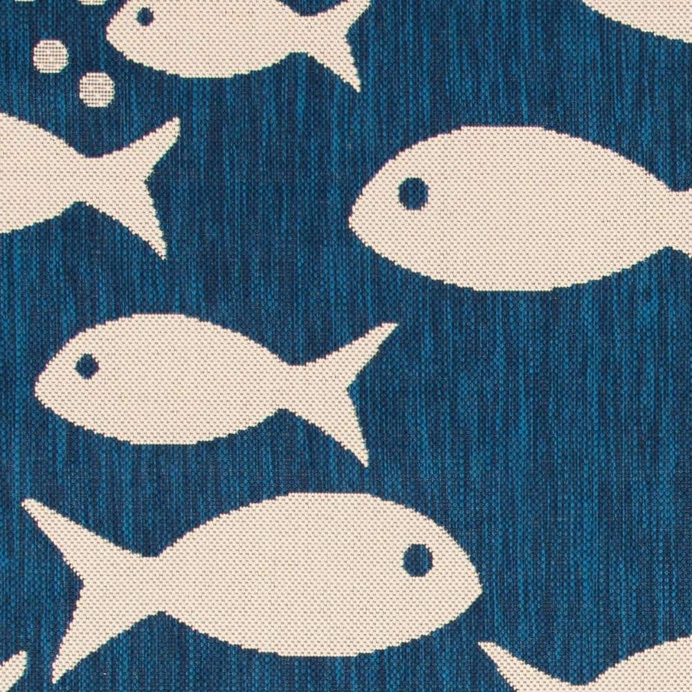 Navy and Beige 6'7" Square Synthetic Flat Woven Rug