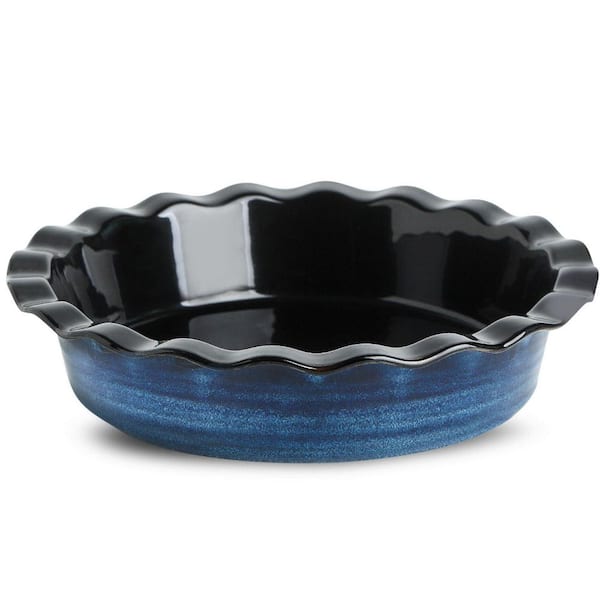 1-Piece Round Ceramic Pie Plate Nonstick Baking Dish Set with Oven Microwave Safe Feature Modern Blue Design