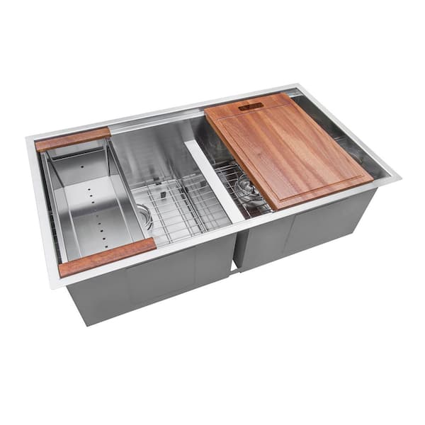 Roma 33 in. Undermount 50/50 Double Bowl 16-Gauge Stainless Steel Workstation Kitchen Sink with Accessories