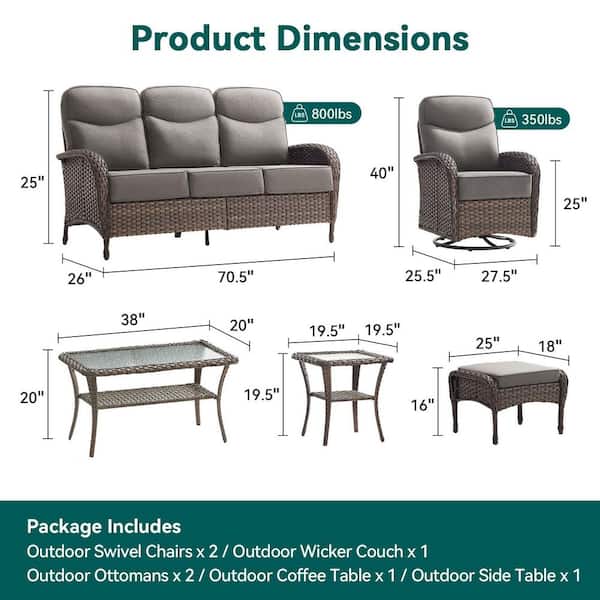 Moonridge 7-Piece Brown Wicker Patio Conversation Set with 6 in. Olefin Gray Cushions/Patio Swivel Chair with Sofa